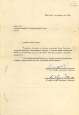 Carta de Sérgio Buarque de Holanda e Eurípedes Simões de Paula ao redator-chefe do jornal O Estado de São Paulo