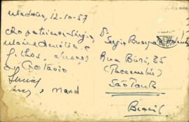 Cartão postal de Octávio Tarquínio de Souza a Sérgio Buarque de Holanda