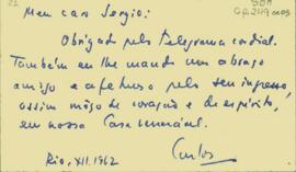 Cartão de visita de Carlos Drummond de Andrade a Sérgio Buarque de Holanda