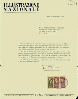 Carta, em italiano, da Revista Illustrazione Nazionale a Sérgio Buarque de Holanda