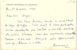 Cartão de Carlos Drummond de Andrade a Sérgio Buarque de Holanda