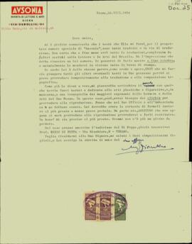 Carta, em italiano, de Ausonia – Rivista di Lettere e Arti a Sérgio Buarque de Holanda