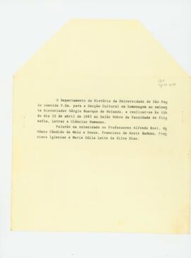 Convite do Departamento de História da Faculdade de Filosofia, Ciências e Letras da USP.