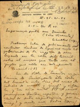 Documentos, em espanhol, relativos ao combate entre as naus da Armada Real e Galeões de corsários ingleses no Porto de Santos