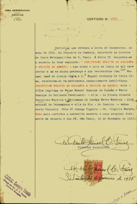 Certidão de casamento de Christovam Buarque de Holanda e Heloísa de Araújo