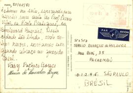 Cartão postal de Vany Pacheco Borges e Maria de Lourdes Lyra a Sérgio Buarque de Holanda