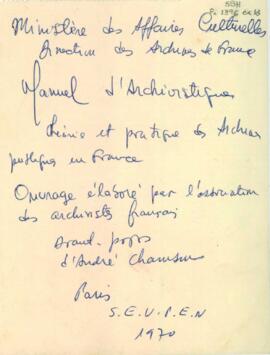 Referência bibliográfica do livro "Manuel d' arquivistique. Teorie et pratique des Archives Publiques en France