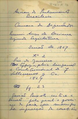 Discursos políticos na Câmara de Deputados sobre diversos temas, 1867