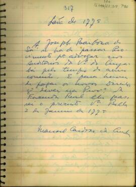 Documento de Manoel Cardoso da Cunha a José Barbosa de Sá