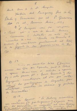 Fragmento, em espanhol, da "História del Paraguai, Rio de la Plata y Tucuman"