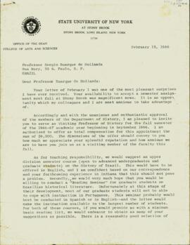 Carta, em inglês, de Stanley R. Ross, Reitor da State University of New York, a Sérgio Buarque de Holanda