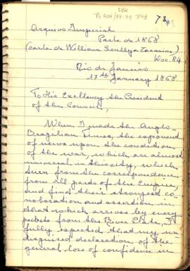 Carta, em inglês, de Willian Scully, fundador do "Anglo Brazilian Times" a Zacarias [de Goes e Vasconcelos]