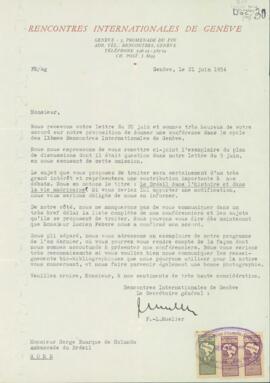 Carta, em francês, de F. L. Mueller, Secretário Geral dos IXèmes Rencontres Internationales de Genève