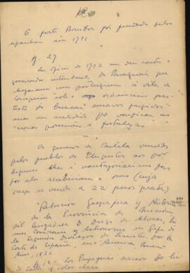 Fragmento da "Relacion geográfica y histórica de la Província de Misiones del Brigader D. Diego de Alvear, primer comissário y astronomo en [chefe] de la segunda division de limites por la corte de Espana, en America"