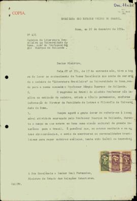 Elogio à atuação de Sérgio Buarque de Holanda na Universidade de Roma