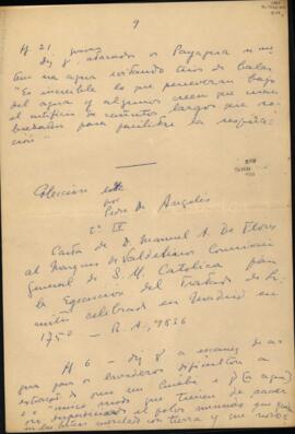 Fragmentos da "Carta de D. Manuel A. de Flores ao Marquês de Valderios, Comissário General de S. Majestade Católica para la equacion del Tratado de Limites celebrado em Madrid em 1750