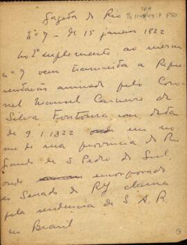 Excertos da transcrição da Representação do Coronel Manoel Carneiro da Silva Fontoura sobre a residência de S. A. R. no Brasil