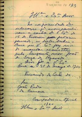 Carta de Fernando da Costa de (? Ataide Teive) a João Pedro da Câmara