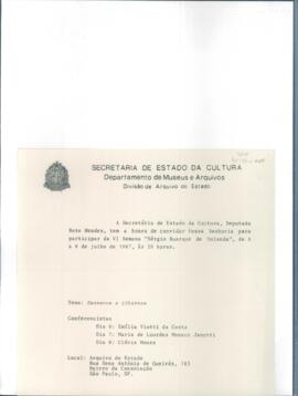 Convite da Secretaria de Estado da Cultura para participar da VI Semana Sérgio Buarque de Holanda