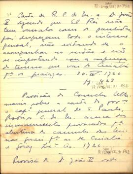 Resumo da provisão de D. João V a D. Rodrigo Cesar de Menezes