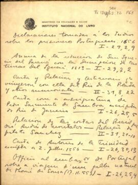 Referências de um catálogo de documentos sobre assuntos diversos, datados de 1553 a 1656