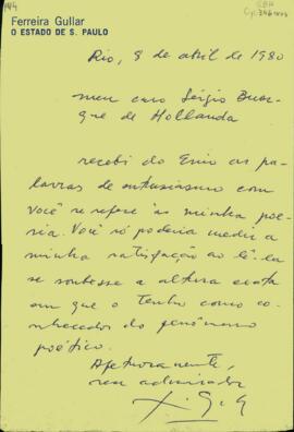 Carta de Ferreira Gullar a Sérgio Buarque de Holanda, agradecendo as palavras de entusiasmo sobre sua poesia.