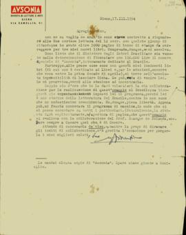 Carta, em italiano, de Ausonia – Rivista di Lettere e Arti a Sérgio Buarque de Holanda