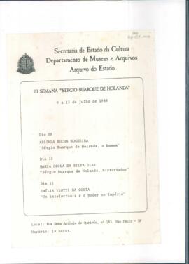 Programa das conferências da III Semana Sérgio Buarque de Holanda