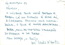 Cartão de Luís D’ Horta a Sérgio Buarque de Holanda