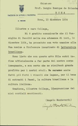 Carta, em italiano, de Angelo Monteverdi a Sérgio Buarque de Holanda
