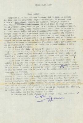 Carta, em italiano, de Ausonia – Rivista di Lettere e Arti a Sérgio Buarque de Holanda