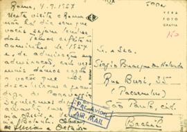 Cartão postal de Octávio Tarquínio de Souza e Lúcia a Sérgio Buarque de Holanda