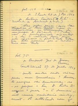 Fragmento de carta de Antônio Carlos [Rib. Machado de Andrada & Sá] a Saldanha Marinho