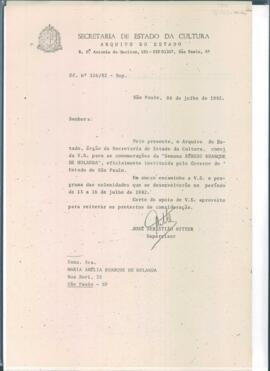 Ofício de José Sebastião Witter convidando Maria Amélia Alvim Buarque de Holanda para as comemorações da Semana Sérgio Buarque de Holanda