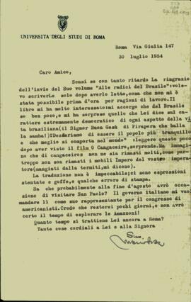 Carta, em italiano, de Mario Praz a Sérgio Buarque de Holanda